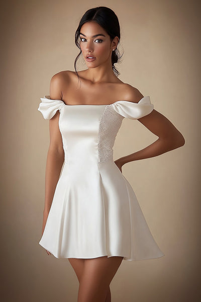 White A Line Off the Shoulder Satin Short Graduation Dress