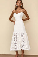 Load image into Gallery viewer, White A Line Lace Strapless Long Rehearsal Dinner Dress