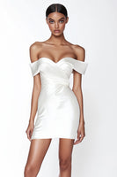 Load image into Gallery viewer, Satin Sweetheart Off the Shoulder Ruched Sheath Little White Dress
