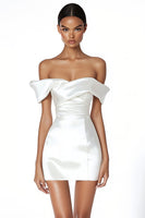Load image into Gallery viewer, Satin Ruched Off the Shoulder Sheath Little White Dress