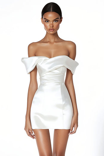Satin Ruched Off the Shoulder Sheath Little White Dress