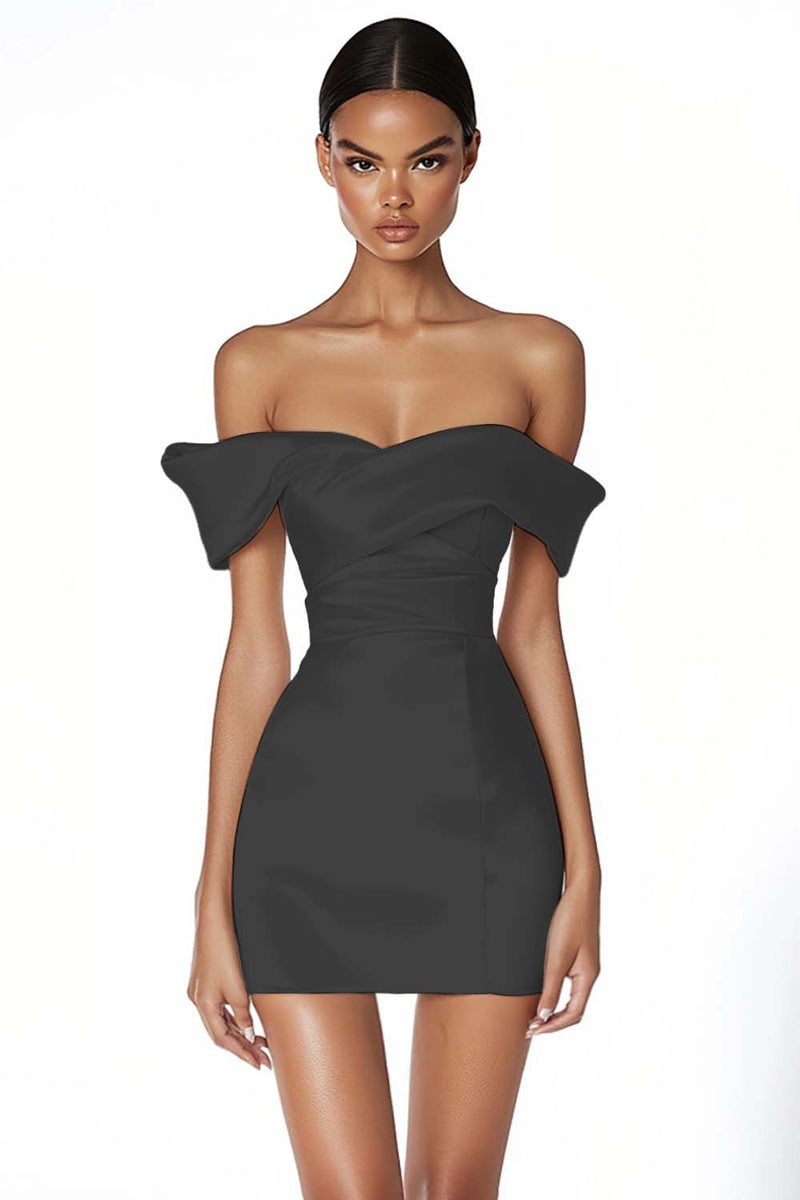 Load image into Gallery viewer, Satin Ruched Off the Shoulder Sheath Little White Dress