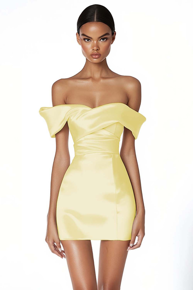 Load image into Gallery viewer, Satin Ruched Off the Shoulder Sheath Little White Dress