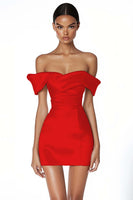 Load image into Gallery viewer, Satin Ruched Off the Shoulder Sheath Little White Dress