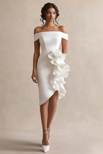 Sheath Ruffled Off the Shoulder Asymmetrical Little White Dress
