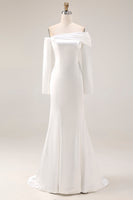 Load image into Gallery viewer, White Satin Off the Shoulder Long Rehearsal Dinner Dress with Sleeves