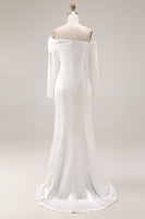 Load image into Gallery viewer, White Satin Off the Shoulder Long Rehearsal Dinner Dress with Sleeves