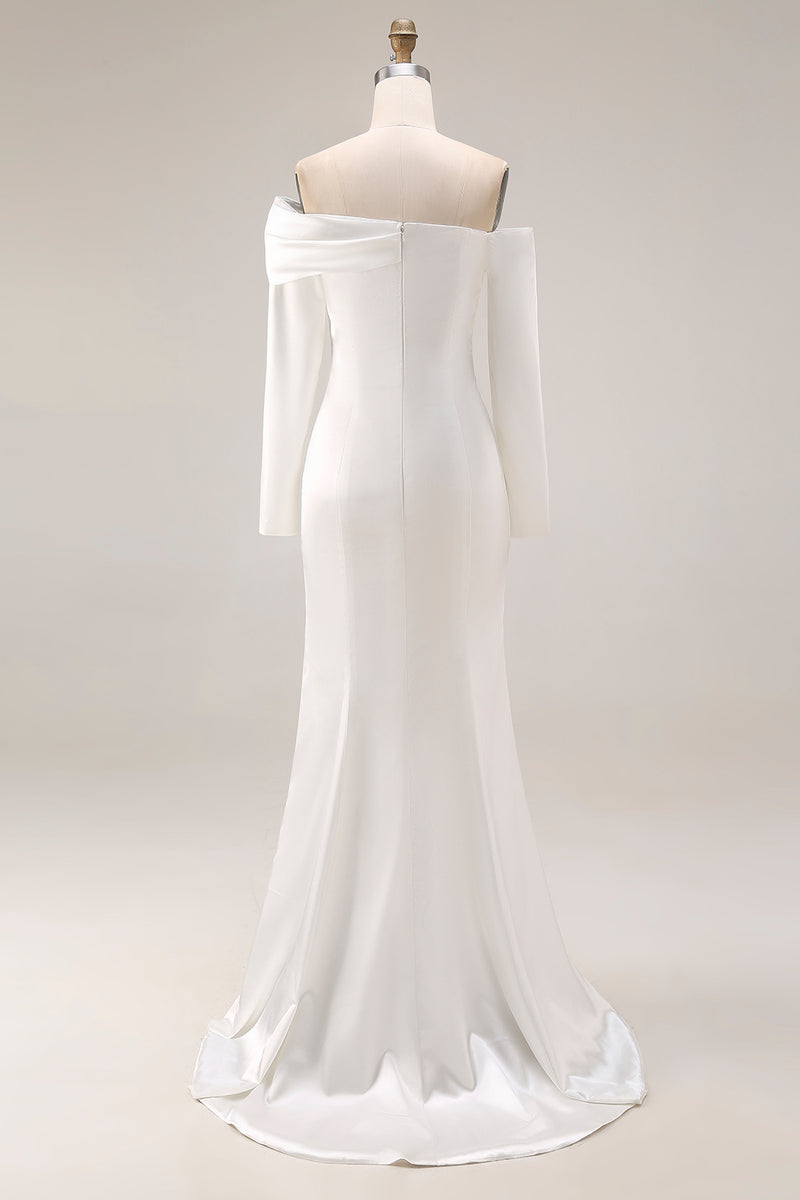 Load image into Gallery viewer, White Satin Off the Shoulder Long Rehearsal Dinner Dress with Sleeves