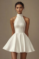Load image into Gallery viewer, A Line Satin Sleeveless Little White Dress