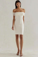 Load image into Gallery viewer, White Satin Bodycon Off the Shoulder Graduation Dress with Fringes