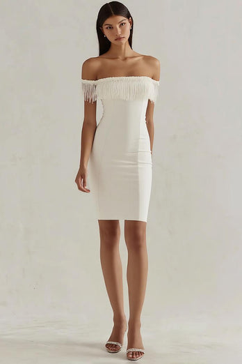 White Satin Bodycon Off the Shoulder Graduation Dress with Fringes