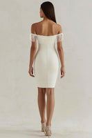 Load image into Gallery viewer, White Satin Bodycon Off the Shoulder Graduation Dress with Fringes