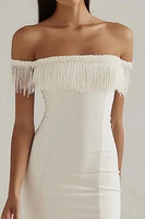 Load image into Gallery viewer, White Satin Bodycon Off the Shoulder Graduation Dress with Fringes