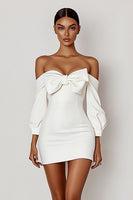 Load image into Gallery viewer, Bodycon Off the Shoulder Satin Graduation White Dress with Bow