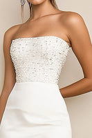 Load image into Gallery viewer, White Sparkly Bodycon Satin Graduation Dress with Beading