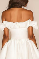 Load image into Gallery viewer, White A Line Off the Shoulder Ruffled Satin Graduation Dress