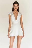 Load image into Gallery viewer, White Deep V-Neck Satin Graduation Dress with Cap Sleeves