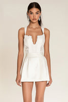 Load image into Gallery viewer, White Deep V-Neck Satin Graduation Dress