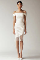 Load image into Gallery viewer, White Lace Asymmetrical Bodycon Graduation Dress with Fringes