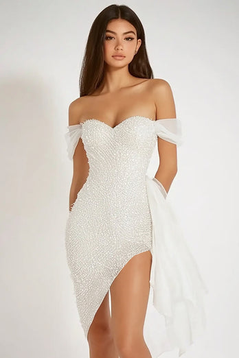 White Sparkly Bodycon Sequins Asymmetrical Graduation Dress with Ruffles