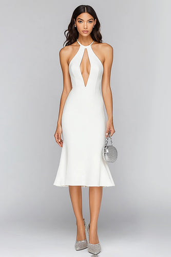 White Mermaid Keyhole Satin Mid-Calf Graduation Dress