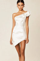 Load image into Gallery viewer, White Satin Bodycon One Shoulder Graduation Dress with Ruffles