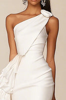 Load image into Gallery viewer, White Satin Bodycon Ruffled Ruched One Shoulder Bridal Shower Dress