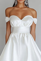 Load image into Gallery viewer, White A Line Off the Shoulder Satin Graduation Dress