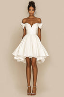Load image into Gallery viewer, White Satin A Line Ruched Off the Shoulder Graduation Dress