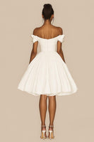 Load image into Gallery viewer, White Satin A Line Ruched Off the Shoulder Graduation Dress