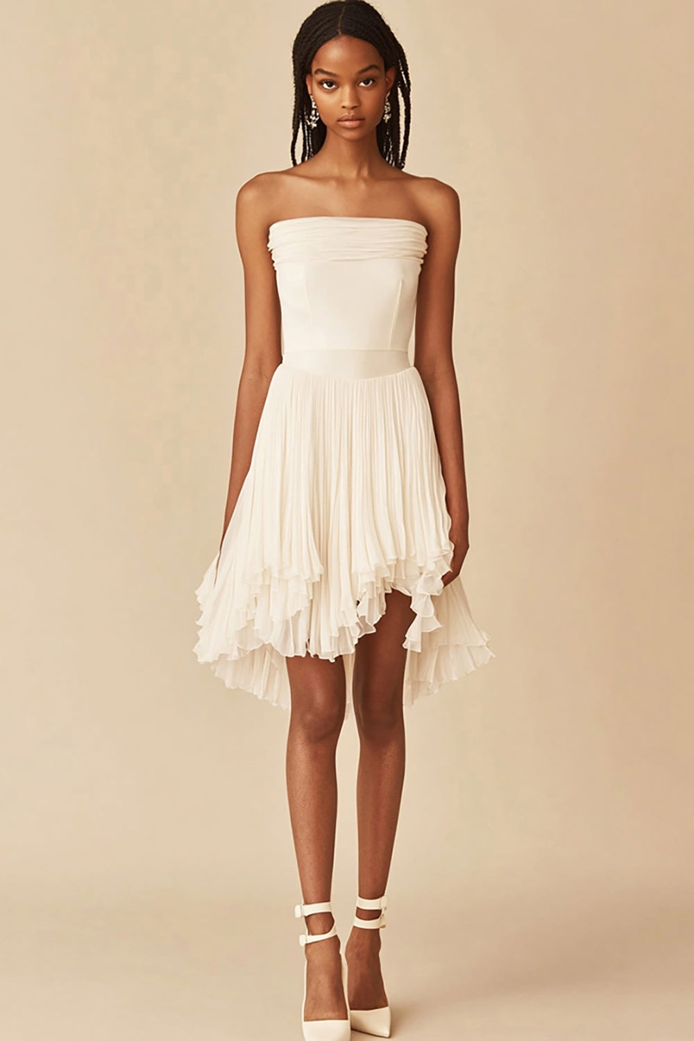 Queendancer Women White Chiffon Pleated Strapless Graduation Dress A Line Short Bridal Shower Dress queendancer Queendancer Women White Chiffon Pleated Strapless Graduation Dress A Line Short Bridal Shower Dress queendancer