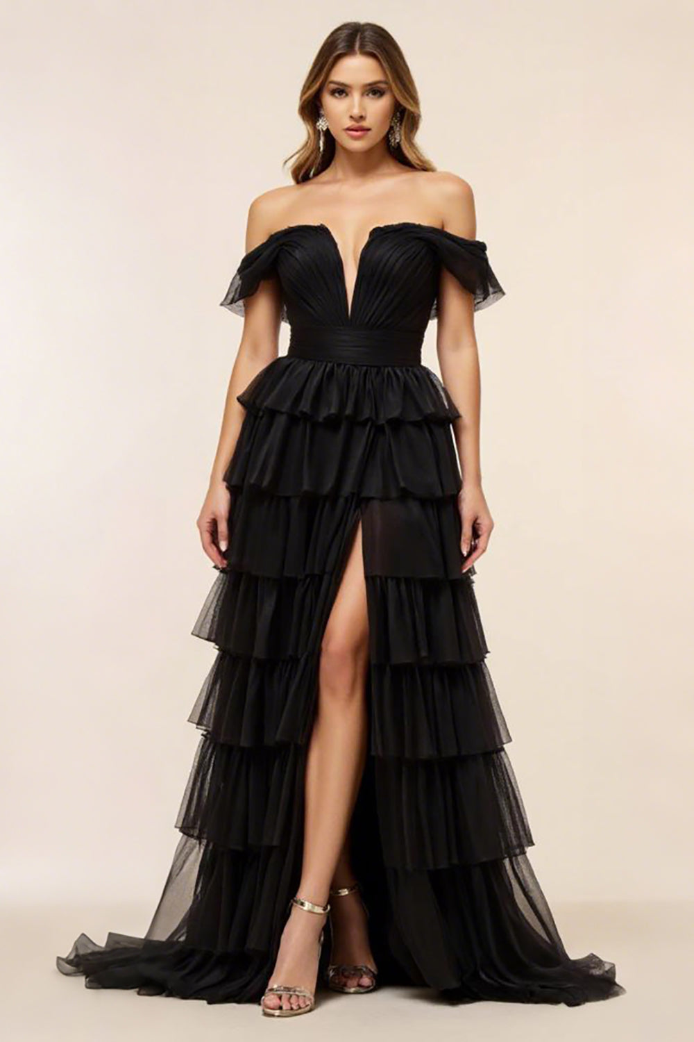Chiffon A Line Tiered Long Black Tie Dress with Slit