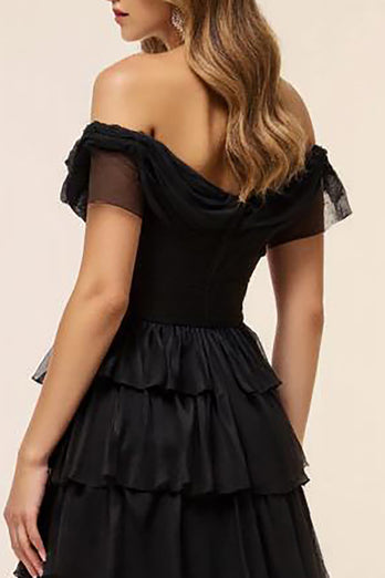 Chiffon A Line Tiered Long Black Tie Dress with Slit