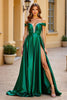 Load image into Gallery viewer, Dark Green A Line Satin Off the Shoulder Long Prom Dress with Slit