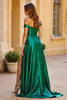 Load image into Gallery viewer, Dark Green A Line Satin Off the Shoulder Long Prom Dress with Slit