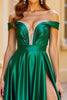 Load image into Gallery viewer, Dark Green A Line Satin Off the Shoulder Long Prom Dress with Slit