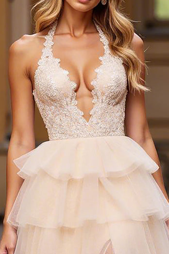Pink Tulle Ball Gown Tiered Long Prom Dress with Lace