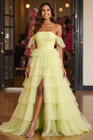 Load image into Gallery viewer, Lemon Yellow Tulle Ball Gown Tiered Long Prom Dress with Slit