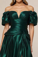 Load image into Gallery viewer, Dark Green A Line Pleated Tiered Long Prom Dress with Slit