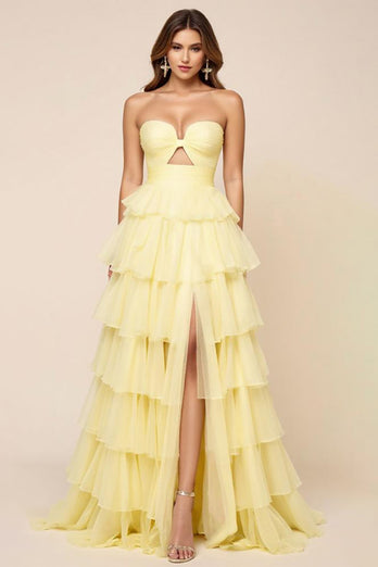 Daffodil Ball Gown Tulle Keyhole Long Prom Dress with Slit