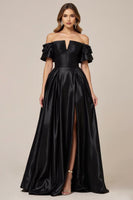 Load image into Gallery viewer, Satin A Line Off the Shoulder Long Black Tie Dress with Slit