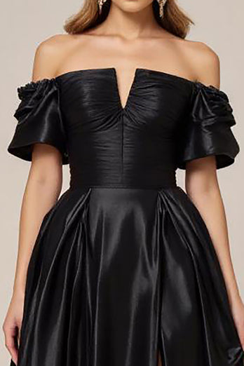 Satin A Line Off the Shoulder Long Black Tie Dress with Slit