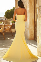 Load image into Gallery viewer, Yellow Satin Mermaid Strapless Long Prom Dress with Slit