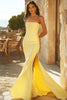 Load image into Gallery viewer, Yellow Satin Mermaid Strapless Long Prom Dress with Slit