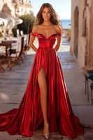 Load image into Gallery viewer, Red Satin A Line Pleated Long Prom Dress with Slit
