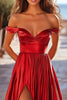 Load image into Gallery viewer, Red Satin A Line Pleated Long Prom Dress with Slit