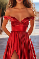 Load image into Gallery viewer, Red Satin A Line Pleated Long Prom Dress with Slit