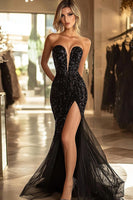 Load image into Gallery viewer, Sparkly Black Sequins Mermaid Long Prom Dress with Slit
