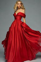 Load image into Gallery viewer, Red Satin A Line Pleated Ruched Long Prom Dress