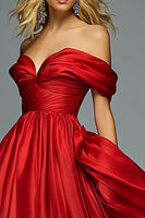Load image into Gallery viewer, Red Satin A Line Pleated Ruched Long Prom Dress